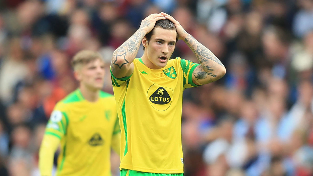 Norwich City's Norwegian midfielder Mathias Normann reacts after missing a chance during the English Premier League football match between Aston Villa and Norwich City at Villa Park in Birmingham, central England on April 30, 2022. - RESTRICTED TO EDITORIAL USE. No use with unauthorized audio, video, data, fixture lists, club/league logos or 'live' services. Online in-match use limited to 120 images. An additional 40 images may be used in extra time. No video emulation. Social media in-match use limited to 120 images. An additional 40 images may be used in extra time. No use in betting publications, games or single club/league/player publications.