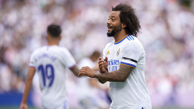 MADRID, SPAIN - APRIL 30: Marcelo Vieira of Real Madrid CF reacts during the LaLiga Santander match between Real Madrid CF and RCD Espanyol at Estadio Santiago Bernabeu on April 30, 2022 in Madrid, Spain.