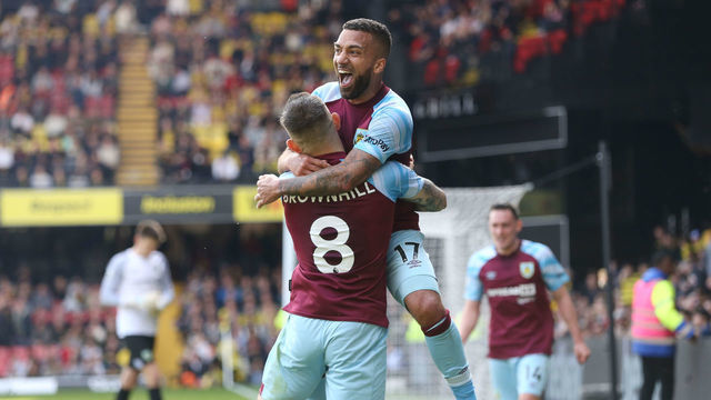 WATFORD, ENGLAND - APRIL 30: Burnley's Josh Brownhill celebrates scoring his side's second goal with Aaron Lennon during the Premier League match between Watford and Burnley at Vicarage Road on April 30, 2022 in Watford, United Kingdom.