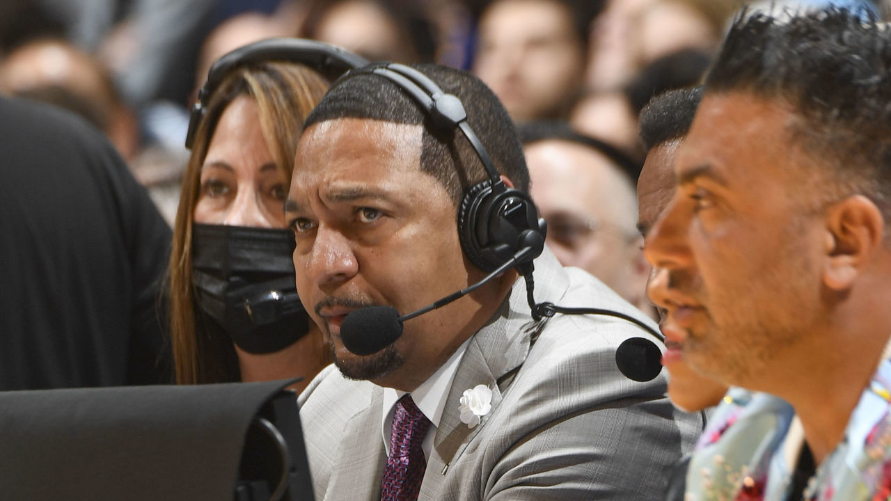 LOS ANGELES, CA - MARCH 23: ESPN Announcer, Mark Jackson looks on during the game between the Philadelphia 76ers and Los Angeles Lakers on March 23, 2022 at Crypto.Com Arena in Los Angeles, California. NOTE TO USER: User expressly acknowledges and agrees that, by downloading and/or using this Photograph, user is consenting to the terms and conditions of the Getty Images License Agreement. Mandatory Copyright Notice: Copyright 2022 NBAE