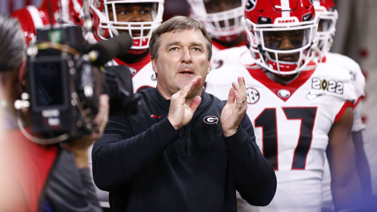INDIANAPOLIS, IN - JANUARY 10: Georgia Bulldogs Head Coach Kirby Smart prepares to lead his team out onto the field during the Alabama Crimson Tide versus the Georgia Bulldogs in the College Football Playoff National Championship, on January 10, 2022, at Lucas Oil Stadium in Indianapolis, IN.