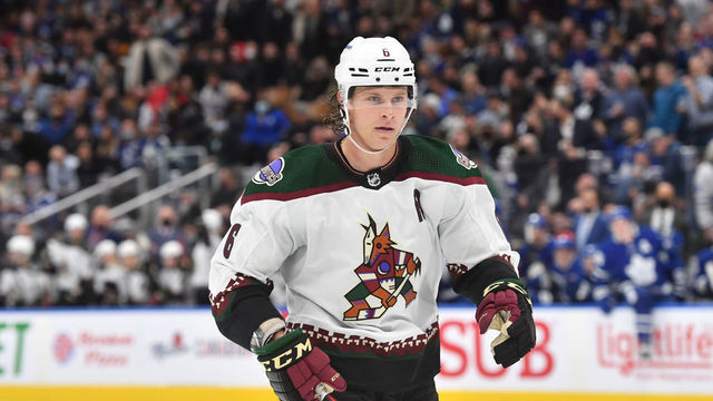 TORONTO, ON - MARCH 10: Arizona Coyotes Defenceman Jakob Chychrun (6) skates onto the ice for the face off in over time during the NHL regular season game between the Arizona Coyotes and the Toronto Maple Leafs on March 10, 2022, at Scotiabank Arena in Toronto, ON, Canada.