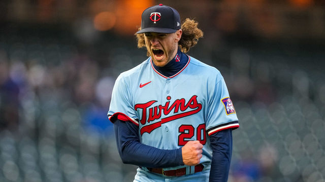 MINNEAPOLIS, MN - APRIL 26: Chris Paddack #20 of the Minnesota Twins celebrates against the Detroit Tigers on April 26, 2022 at Target Field in Minneapolis, Minnesota.