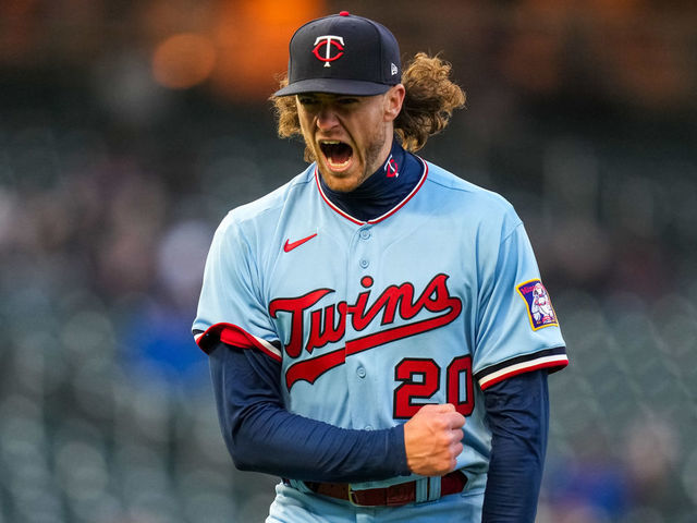 MINNEAPOLIS, MN - APRIL 26: Chris Paddack #20 of the Minnesota Twins celebrates against the Detroit Tigers on April 26, 2022 at Target Field in Minneapolis, Minnesota.