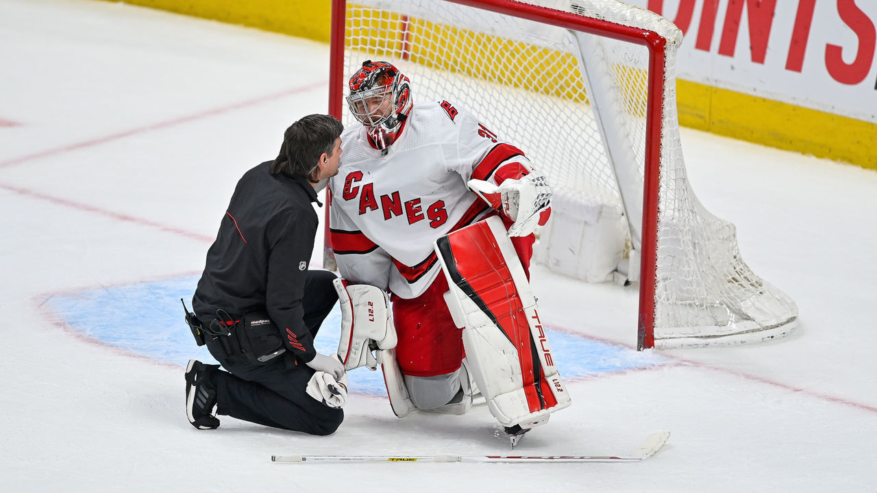DENVER, COLORADO - APRIL 16: Frederik Andersen #31 of the Carolina Hurricanes appears to sustain an injury in the third period of a game against the Colorado Avalanche at Ball Arena on April 16, 2022 in Denver, Colorado.