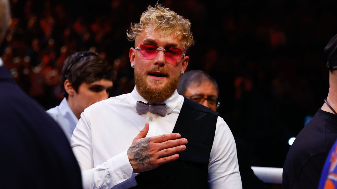 NEW YORK, NY - APRIL 30: Jake Paul in the ring after the Katie Taylor of Ireland and Amanda Serrano of Puerto Rico fight for the Undisputed World Lightweight Championship on April 30, 2022 at Madison Square Garden In New York, New York.