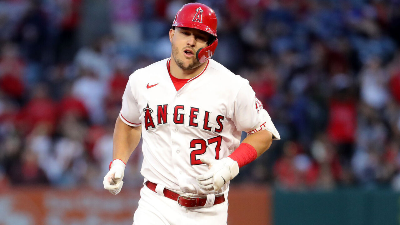 ANAHEIM, CA - APRIL 26: Los Angeles Angels center fielder Mike Trout (27) runs around bases after hitting a home run in the third inning against the Cleveland Guardians on April 26, 2022, at Angel Stadium in Anaheim, CA.