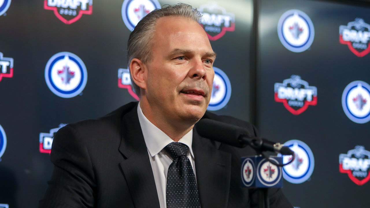 WINNIPEG, MANITOBA - JULY 23: Winnipeg Jets General Manager Kevin Cheveldayoff speaks to members of the media via a Zoom call at the end of the first round of the 2021 NHL Draft at Canada Life Centre on July 23, 2021 in Winnipeg, Manitoba, Canada. The 2021 NHL Draft was held virtually due to the ongoing Coronavirus pandemic.