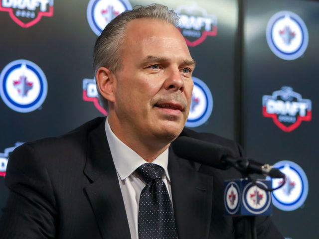 WINNIPEG, MANITOBA - JULY 23: Winnipeg Jets General Manager Kevin Cheveldayoff speaks to members of the media via a Zoom call at the end of the first round of the 2021 NHL Draft at Canada Life Centre on July 23, 2021 in Winnipeg, Manitoba, Canada. The 2021 NHL Draft was held virtually due to the ongoing Coronavirus pandemic.