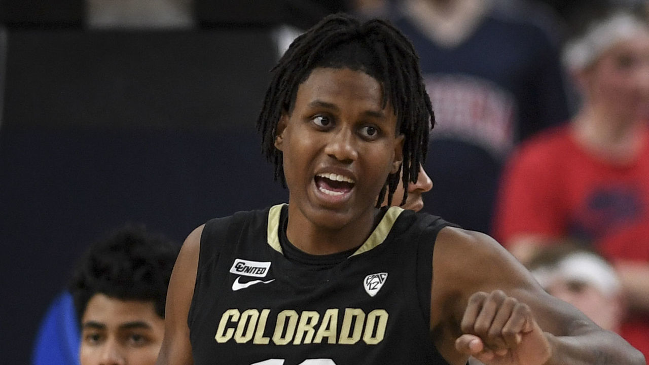 LAS VEGAS, NV - MARCH 11: Jabari Walker (12) of the Colorado Buffaloes contests a foul call against him during the second half of the Arizona"u2019s 82-72 semifinal PAC-12 conference tournament game win at T-Mobile Arena in Las Vegas, Nevada on Friday, March 11, 2022.