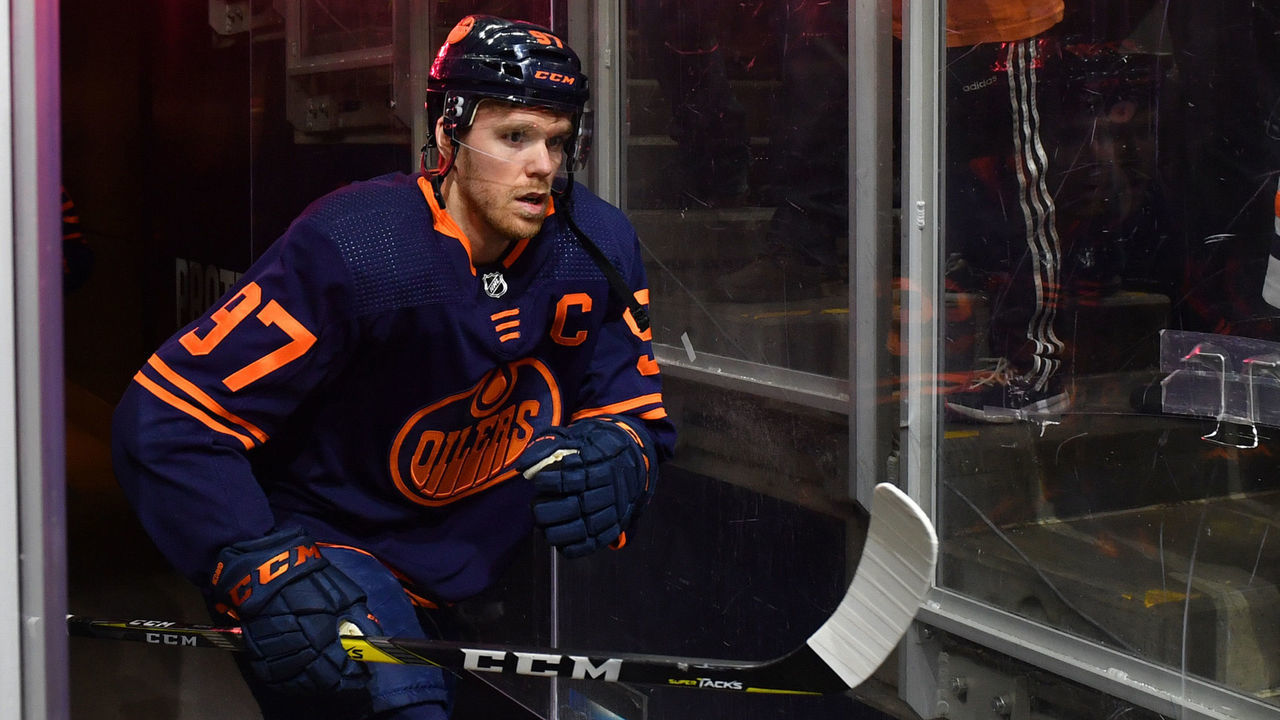 EDMONTON, AB - APRIL 28: Connor McDavid #97 of the Edmonton Oilers walks to the ice prior to the game against the San Jose Sharks on April 28, 2022 at Rogers Place in Edmonton, Alberta, Canada.