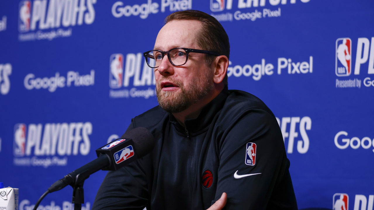 TORONTO, CANADA - APRIL 28: Head Coach Nick Nurse of the Toronto Raptors talks to the media after the game against the Philadelphia 76ers during Round 1 Game 6 of the 2022 NBA Playoffs on April 28, 2022 at the Scotiabank Arena in Toronto, Ontario, Canada. Mandatory Copyright Notice: Copyright 2022 NBAE