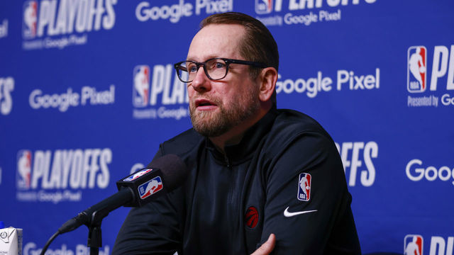 TORONTO, CANADA - APRIL 28: Head Coach Nick Nurse of the Toronto Raptors talks to the media after the game against the Philadelphia 76ers during Round 1 Game 6 of the 2022 NBA Playoffs on April 28, 2022 at the Scotiabank Arena in Toronto, Ontario, Canada. Mandatory Copyright Notice: Copyright 2022 NBAE