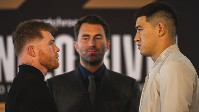 SAN DIEGO, CA - MARCH 02: Boxers Canelo Alvarez and Dmitry Bivol pose for photos at the press conference announcing the Canelo Alvarez v Dmitry Bivol fight on May 7th, 2022 at the Sheraton Hotel on March 2, 2022 in San Diego, California. ***Local Caption***