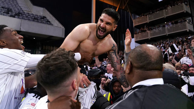 Fulham's Aleksandar Mitrovic celebrates scoring their side's seventh goal of the game during the Sky Bet Championship match at Craven Cottage, London. Picture date: Monday May 2, 2022.