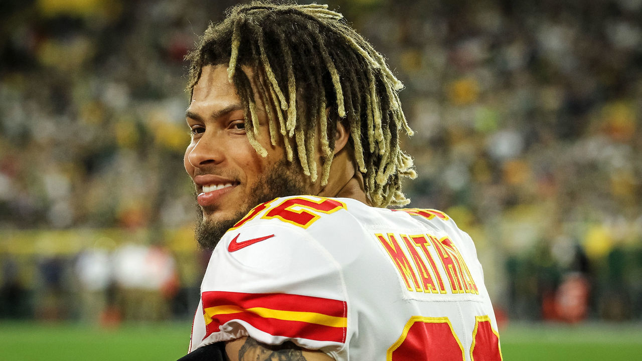 GREEN BAY, WISCONSIN - AUGUST 29: Tyrann Mathieu #32 of the Kansas City Chiefs looks on in the second quarter against the Green Bay Packers during a preseason game at Lambeau Field on August 29, 2019 in Green Bay, Wisconsin.