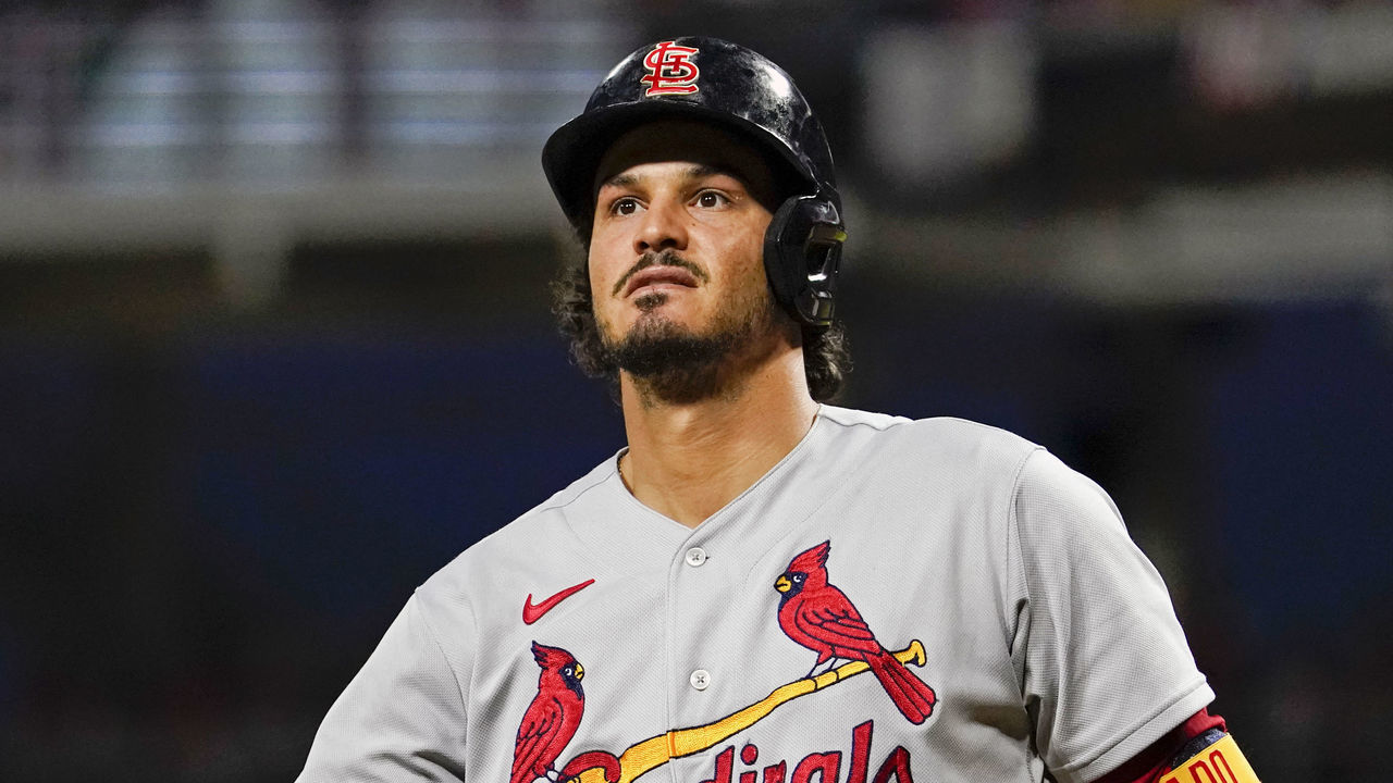 CINCINNATI, OH - APRIL 22: Nolan Arenado #28 of the St. Louis Cardinals warms up in the sixth inning during the game between the St. Louis Cardinals and the Cincinnati Reds at Great American Ball Park on Friday, April 22, 2022 in Cincinnati, Ohio.
