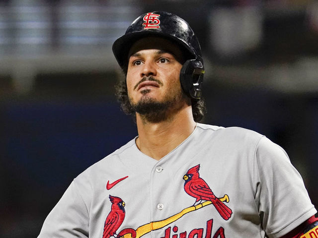 CINCINNATI, OH - APRIL 22: Nolan Arenado #28 of the St. Louis Cardinals warms up in the sixth inning during the game between the St. Louis Cardinals and the Cincinnati Reds at Great American Ball Park on Friday, April 22, 2022 in Cincinnati, Ohio.