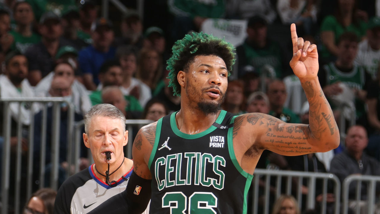 BOSTON, MA - MAY 1: Marcus Smart #36 of the Boston Celtics dribbles the ball during Game 1 of the 2022 NBA Playoffs Eastern Conference Semifinals against the Milwaukee Bucks on May 1, 2022 at the TD Garden in Boston, Massachusetts. Mandatory Copyright Notice: Copyright 2022 NBAE