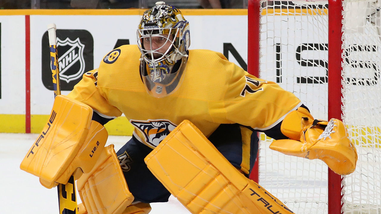 NASHVILLE, TENNESSEE - APRIL 14: Juuse Saros #74 of the Nashville Predators in the net during the game against the Edmonton Oilers at Bridgestone Arena on April 14, 2022 in Nashville, Tennessee. The Edmonton Oilers won 4-0.
