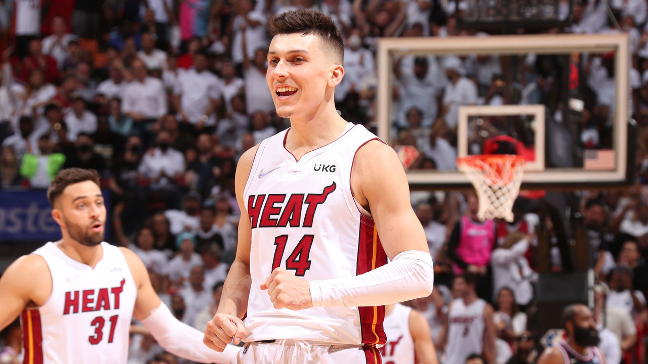 MIAMI, FL - MAY 2: Tyler Herro #14 of the Miami Heat smiles during Game 1 of the 2022 NBA Playoffs Eastern Conference Semifinals on May 2, 2022 at FTX Arena in Miami, Florida. Mandatory Copyright Notice: Copyright 2022 NBAE