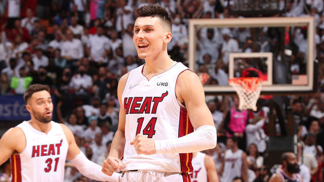MIAMI, FL - MAY 2: Tyler Herro #14 of the Miami Heat smiles during Game 1 of the 2022 NBA Playoffs Eastern Conference Semifinals on May 2, 2022 at FTX Arena in Miami, Florida. Mandatory Copyright Notice: Copyright 2022 NBAE