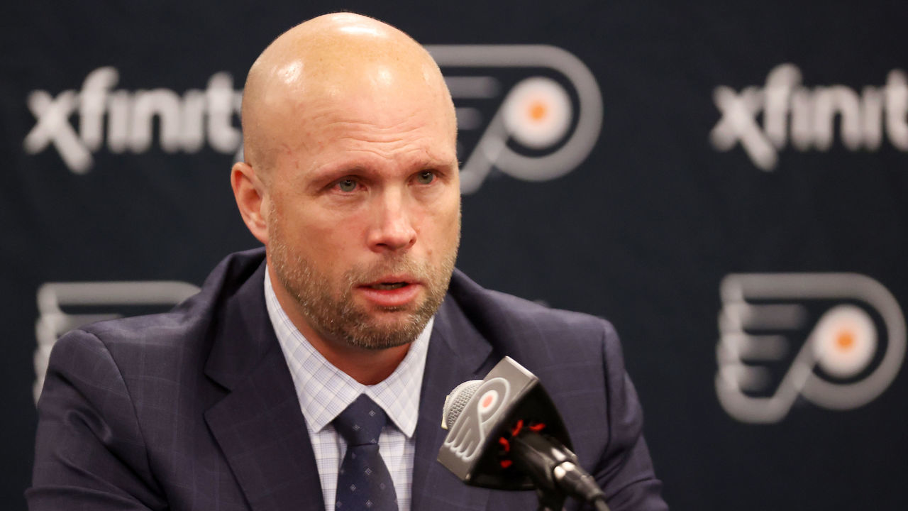 PHILADELPHIA, PA - MARCH 17: Head Coach of the Philadelphia Flyers Mike Yeo speaks to members of the media after defeating the Nashville Predators 5-4 at the Wells Fargo Center on March 17, 2022 in Philadelphia, Pennsylvania.