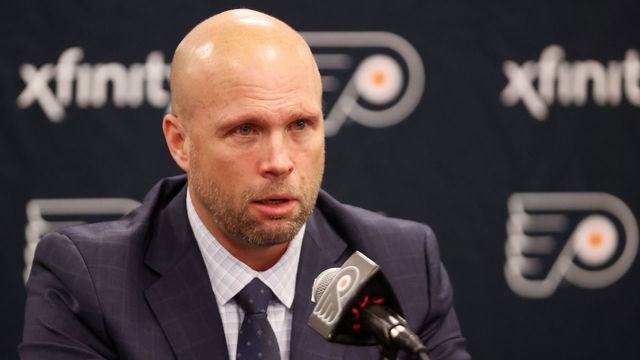 PHILADELPHIA, PA - MARCH 17: Head Coach of the Philadelphia Flyers Mike Yeo speaks to members of the media after defeating the Nashville Predators 5-4 at the Wells Fargo Center on March 17, 2022 in Philadelphia, Pennsylvania.