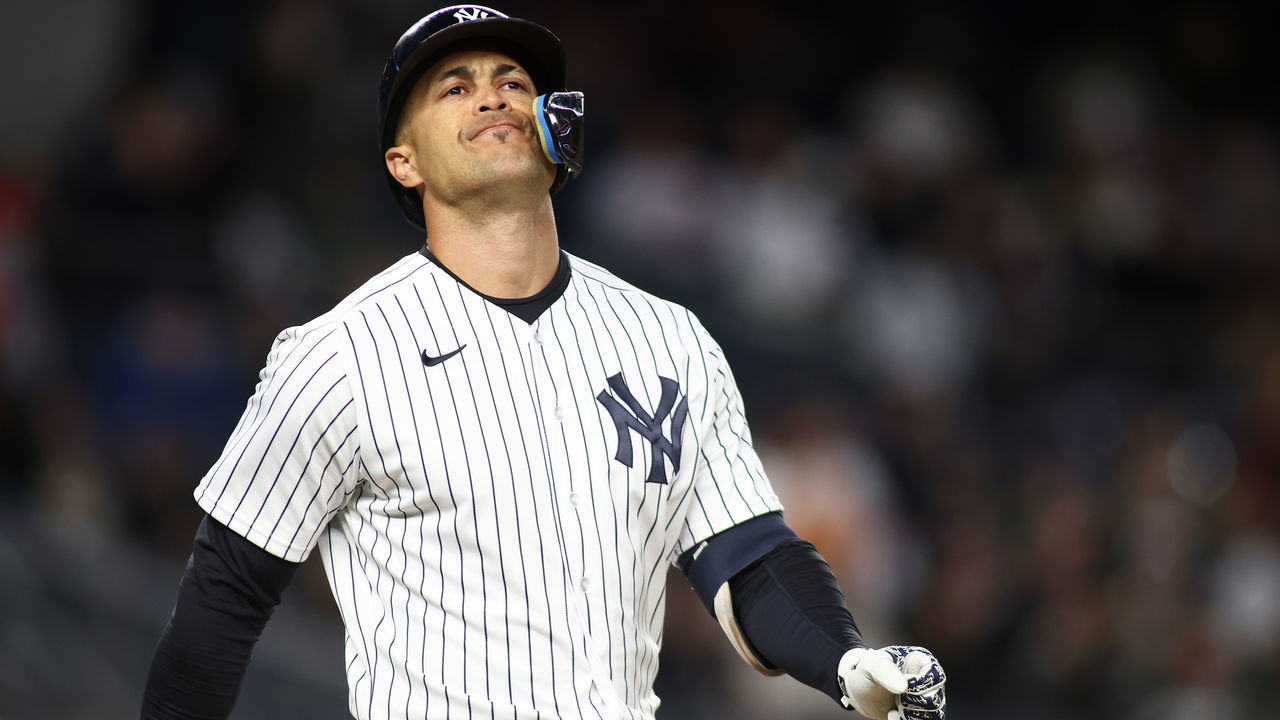 NEW YORK, NEW YORK - APRIL 10: Giancarlo Stanton #27 of the New York Yankees in action against the Boston Red Sox at Yankee Stadium on April 10, 2022 in New York City. Boston Red Sox defeated the New York Yankees 4-3.