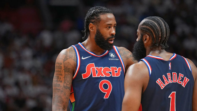 MIAMI, FL - MAY 2: DeAndre Jordan #9 of the Philadelphia 76ers and James Harden #1 of the Philadelphia 76ers talk during a game against the Miami Heat during Game 1 of the 2022 NBA Playoffs Eastern Conference Semifinals on May 2, 2022 at The FTX Arena in Miami, Florida. NOTE TO USER: User expressly acknowledges and agrees that, by downloading and/or using this Photograph, user is consenting to the terms and conditions of the Getty Images License Agreement. Mandatory Copyright Notice: Copyright 2022 NBAE