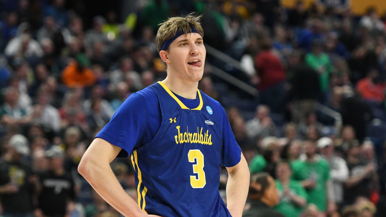 BUFFALO, NEW YORK - MARCH 17: Baylor Scheierman #3 of the South Dakota State Jackrabbits looks on during the first round game of the 2022 NCAA Men's Basketball Tournament against the Providence Friars at KeyBank Center on March 17, 2022 in Buffalo, New York.