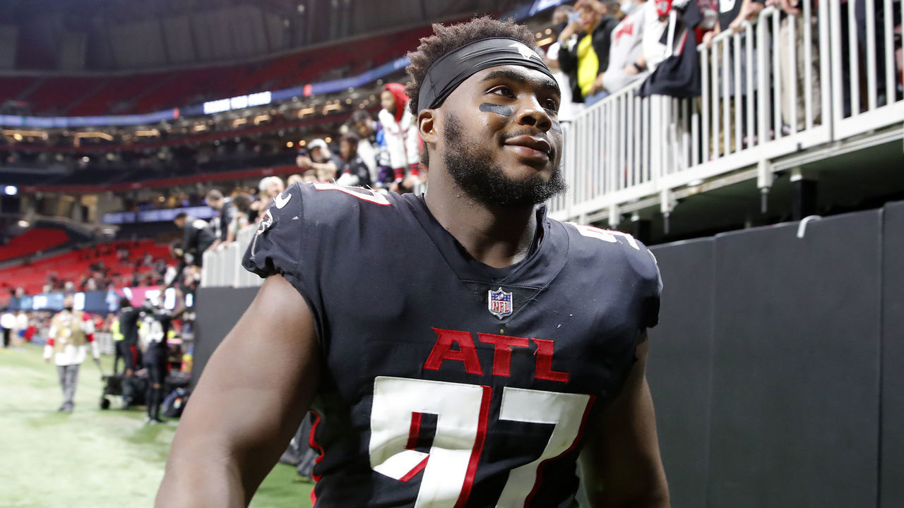 ATLANTA, GEORGIA - JANUARY 09: Grady Jarrett #97 of the Atlanta Falcons walks off the field after a loss to the New Orleans Saints at Mercedes-Benz Stadium on January 09, 2022 in Atlanta, Georgia.