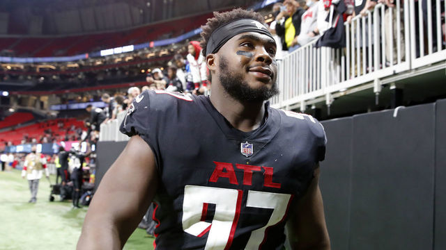 ATLANTA, GEORGIA - JANUARY 09: Grady Jarrett #97 of the Atlanta Falcons walks off the field after a loss to the New Orleans Saints at Mercedes-Benz Stadium on January 09, 2022 in Atlanta, Georgia.