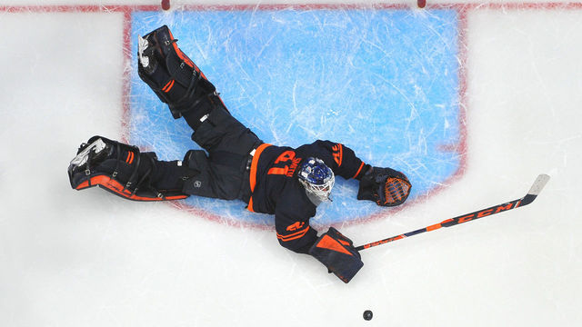 EDMONTON, AB - MAY 2: Mike Smith #41 of the Edmonton Oilers makes a save during Game One of the First Round of the 2022 Stanley Cup Playoffs against the Los Angeles Kings on May 2, 2022 at Rogers Place in Edmonton, Alberta, Canada.