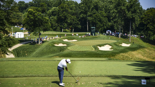 POTOMAC, MD - JULY 01: Abraham Ancer of Mexico tees off on the ninth hole during the final round of the Quicken Loans National at TPC Potomac at Avenel Farm on July 01, 2018 in Potomac, Maryland.