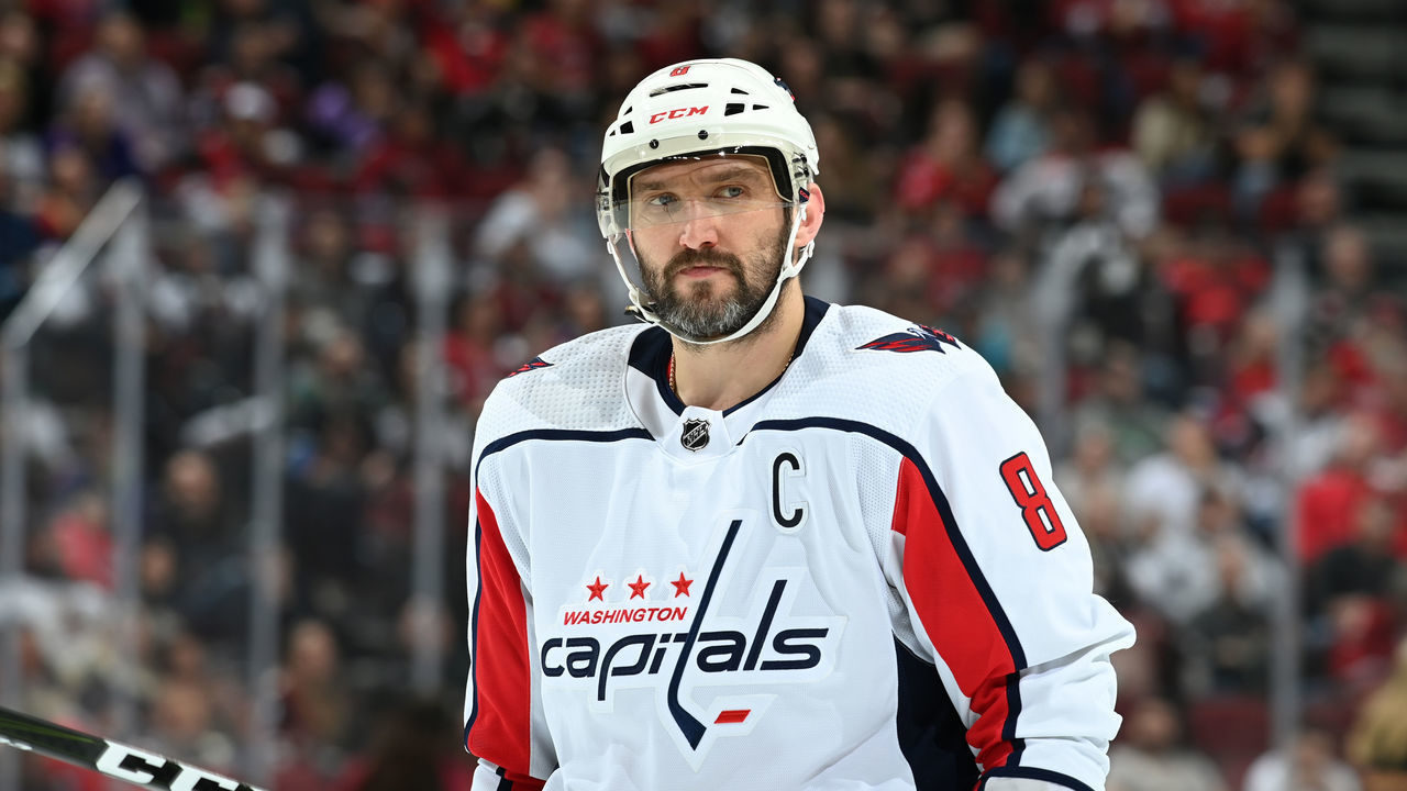 GLENDALE, ARIZONA - APRIL 22: Alex Ovechkin #8 of the Washington Capitals looks up ice during a stop in play against the Arizona Coyotes at Gila River Arena on April 22, 2022 in Glendale, Arizona.
