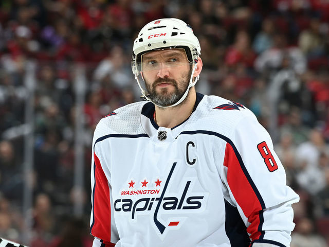 GLENDALE, ARIZONA - APRIL 22: Alex Ovechkin #8 of the Washington Capitals looks up ice during a stop in play against the Arizona Coyotes at Gila River Arena on April 22, 2022 in Glendale, Arizona.