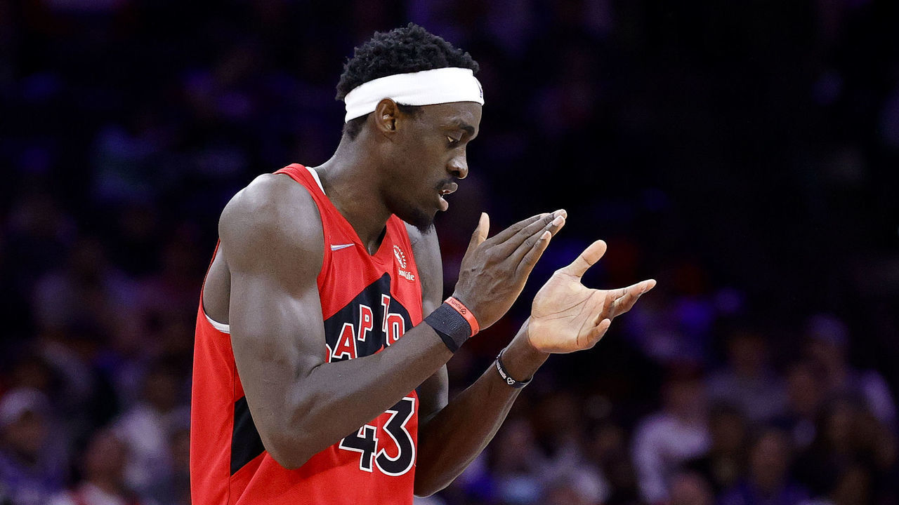 PHILADELPHIA, PENNSYLVANIA - APRIL 25: Pascal Siakam #43 of the Toronto Raptors reacts in the fourth quarter against the Philadelphia 76ers during Game Five of the Eastern Conference First Round at Wells Fargo Center on April 25, 2022 in Philadelphia, Pennsylvania.