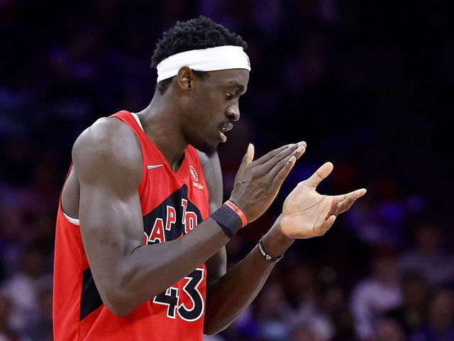 PHILADELPHIA, PENNSYLVANIA - APRIL 25: Pascal Siakam #43 of the Toronto Raptors reacts in the fourth quarter against the Philadelphia 76ers during Game Five of the Eastern Conference First Round at Wells Fargo Center on April 25, 2022 in Philadelphia, Pennsylvania.