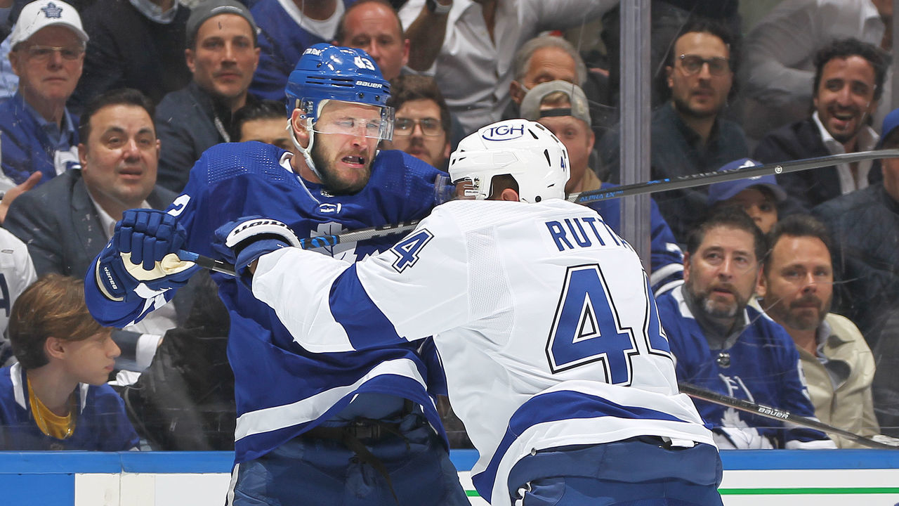 TORONTO, ON - MAY 2: Jan Rutta #44 of the Tampa Bay Lightning retaliates against Kyle Clifford #43 of the Toronto Maple Leafs during Game One of the First Round of the 2022 Stanley Cup Playoffs at Scotiabank Arena on May 2, 2022 in Toronto, Ontario, Canada.