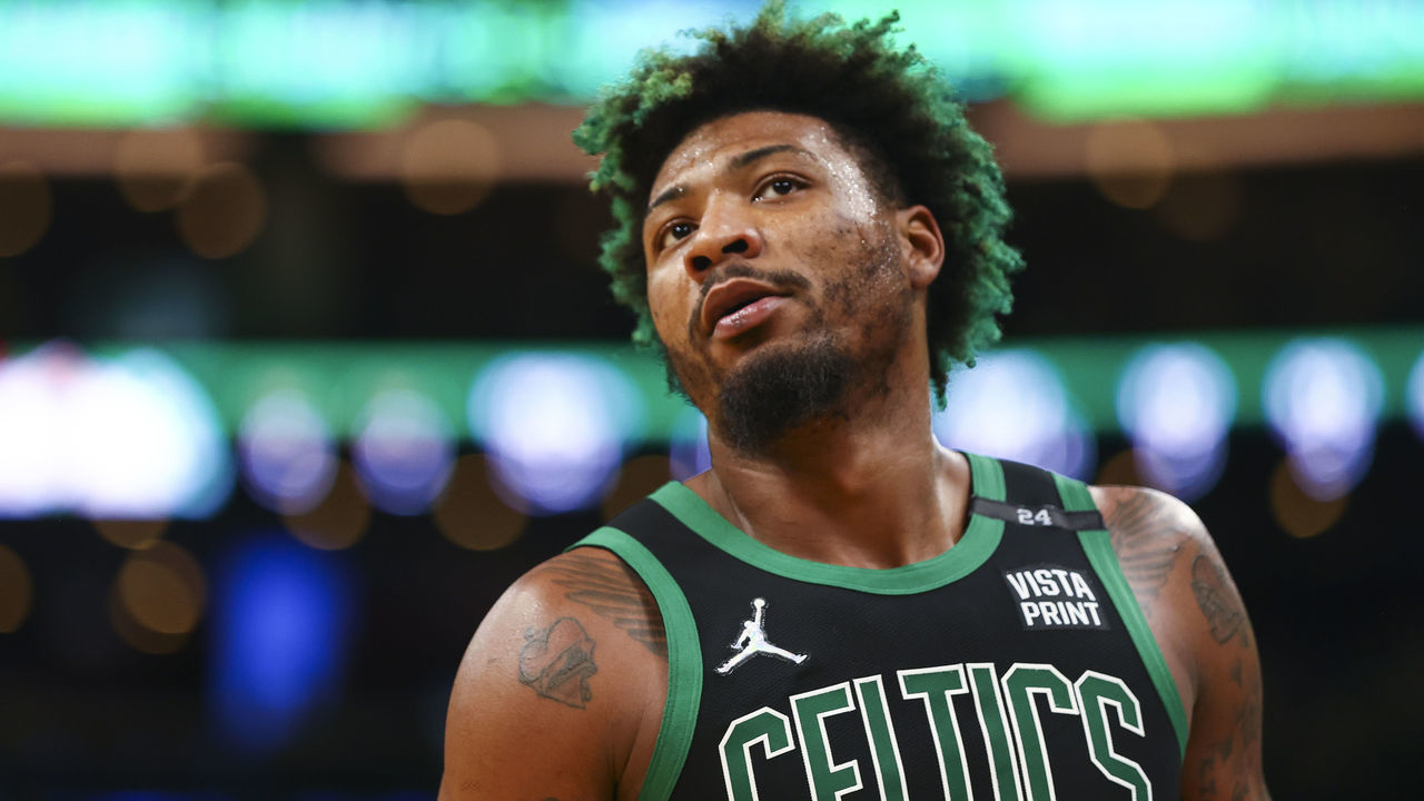 BOSTON, MA - MAY 01 Marcus Smart #36 of the Boston Celtics looks on during Game One of the Eastern Conference Semifinals against teh Milwaukee Bucks at TD Garden on May 1, 2022 in Boston, Massachusetts.