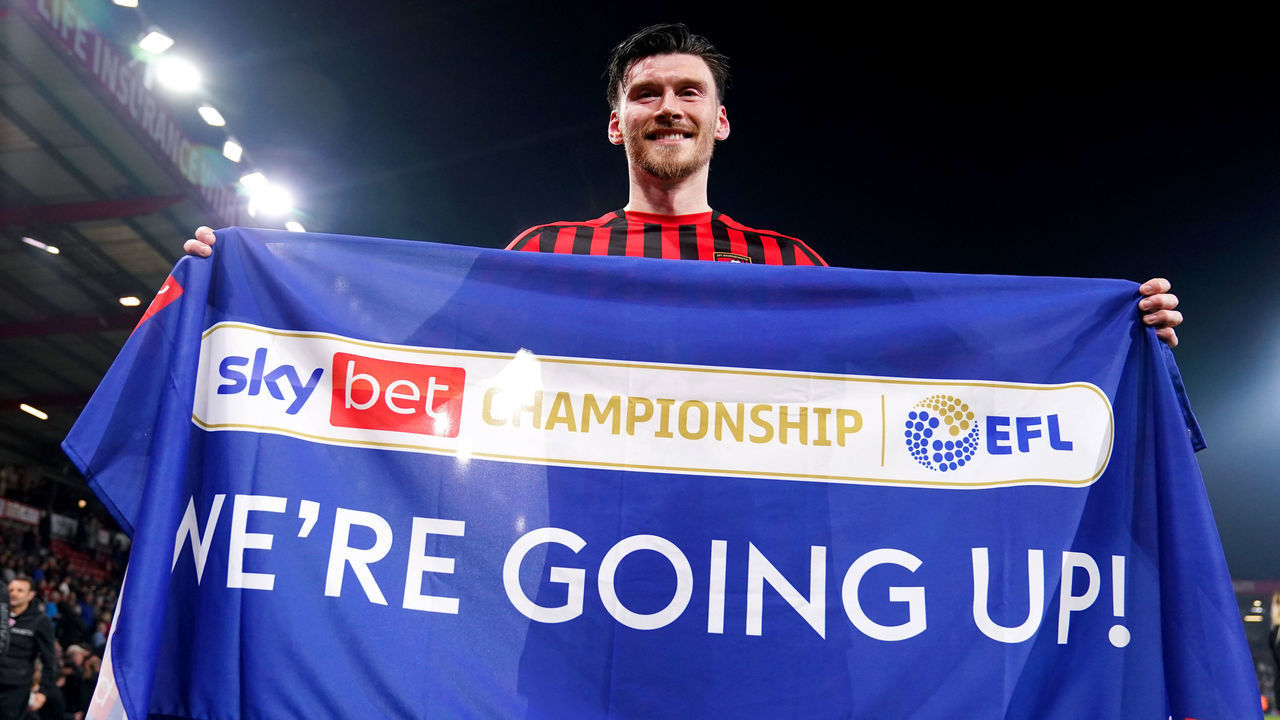 Bournemouth's Kieffer Moore celebrates winning promotion to the Premier League at the end of the Sky Bet Championship match at the Vitality Stadium, Bournemouth. Picture date: Tuesday May 3, 2022.