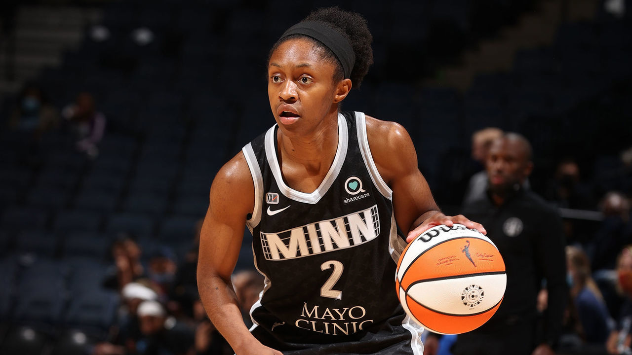 MINNEAPOLIS, MN - SEPTEMBER 26: Crystal Dangerfield #2 of the Minnesota Lynx handles the ball during the game against the Chicago Sky during the 2021 WNBA Playoffs on September 26, 2021 at Target Center in Minneapolis, Minnesota. Mandatory Copyright Notice: Copyright 2021 NBAE