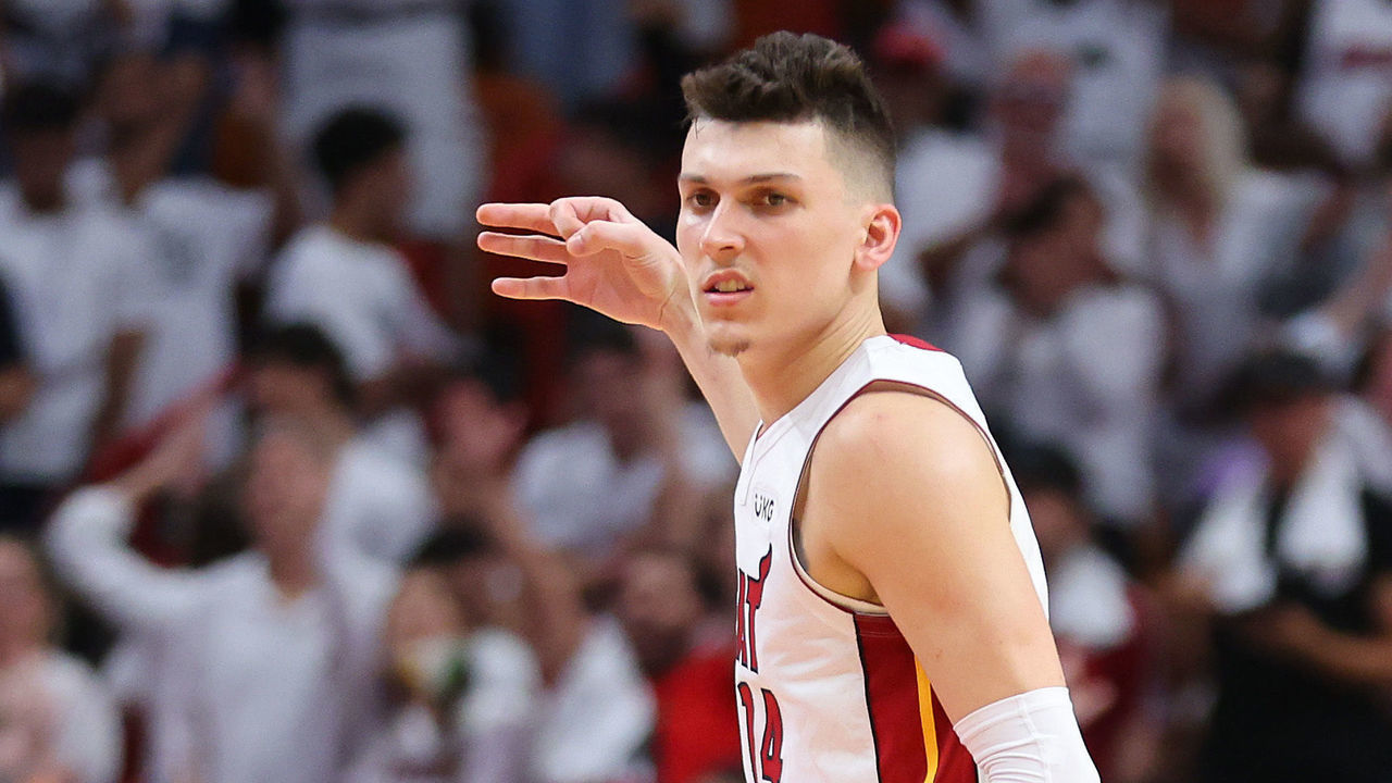 MIAMI, FLORIDA - APRIL 19: Tyler Herro #14 of the Miami Heat celebrates a three pointer against the Atlanta Hawks during the second half in Game Two of the Eastern Conference First Round at FTX Arena on April 19, 2022 in Miami, Florida.