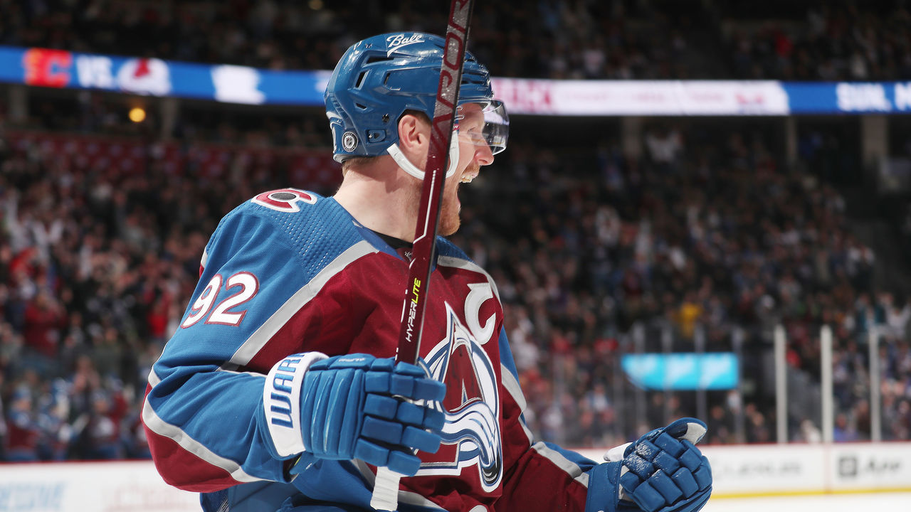 DENVER, COLORADO - MARCH 05: Gabriel Landeskog #92 of the Colorado Avalanche celebrates a goal against the Calgary Flames at Ball Arena on March 05, 2022 in Denver, Colorado.