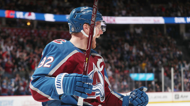 DENVER, COLORADO - MARCH 05: Gabriel Landeskog #92 of the Colorado Avalanche celebrates a goal against the Calgary Flames at Ball Arena on March 05, 2022 in Denver, Colorado.