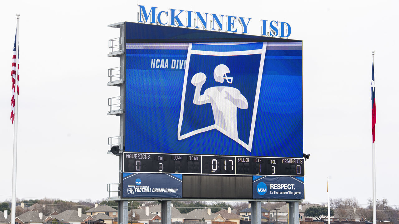 MCKINNEY, TX - DECEMBER 21: The NCAA football championships logo is seen during the Division II Men's Football Championship held at McKinney ISD Stadium on December 21, 2019 in McKinney, Texas. West Florida defeated Minnesota State 48-40 to win the national championship.