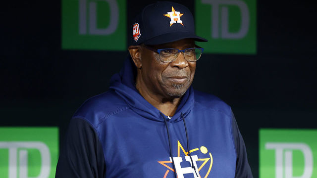 TORONTO, ON - MAY 1: Manager Dusty Baker of the Houston Astros looks on from the dugout prior to a MLB game against the Toronto Blue Jays at Rogers Centre on May 1, 2022 in Toronto, Ontario, Canada.