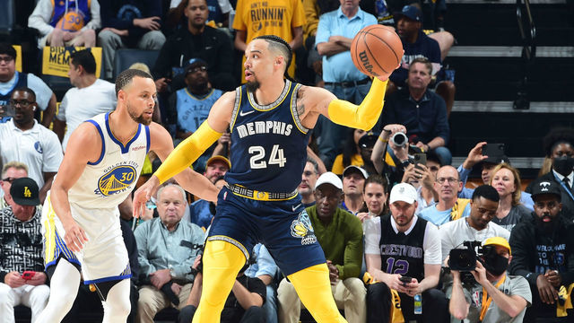 MEMPHIS, TN - MAY 3: Dillon Brooks #24 of the Memphis Grizzlies looks to pass the ball during the game against the Golden State Warriors during Game 2 of the 2022 NBA Playoffs Western Conference Semifinals on May 3, 2022 at FedExForum in Memphis, Tennessee. NOTE TO USER: User expressly acknowledges and agrees that, by downloading and or using this photograph, user is consenting to the terms and conditions of Getty Images License Agreement. Mandatory Copyright Notice: Copyright 2022 NBAE
