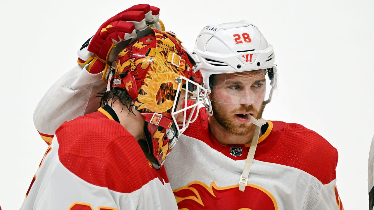 ANAHEIM, CA - APRIL 06: Calgary Flames goalie Jacob Markstrom (25) and center Elias Lindholm (28) on the ice after the Flames defeated the Anaheim Ducks 4 to 2 in an NHL hockey game played on April 6, 2022 at the Honda Center in Anaheim, CA.